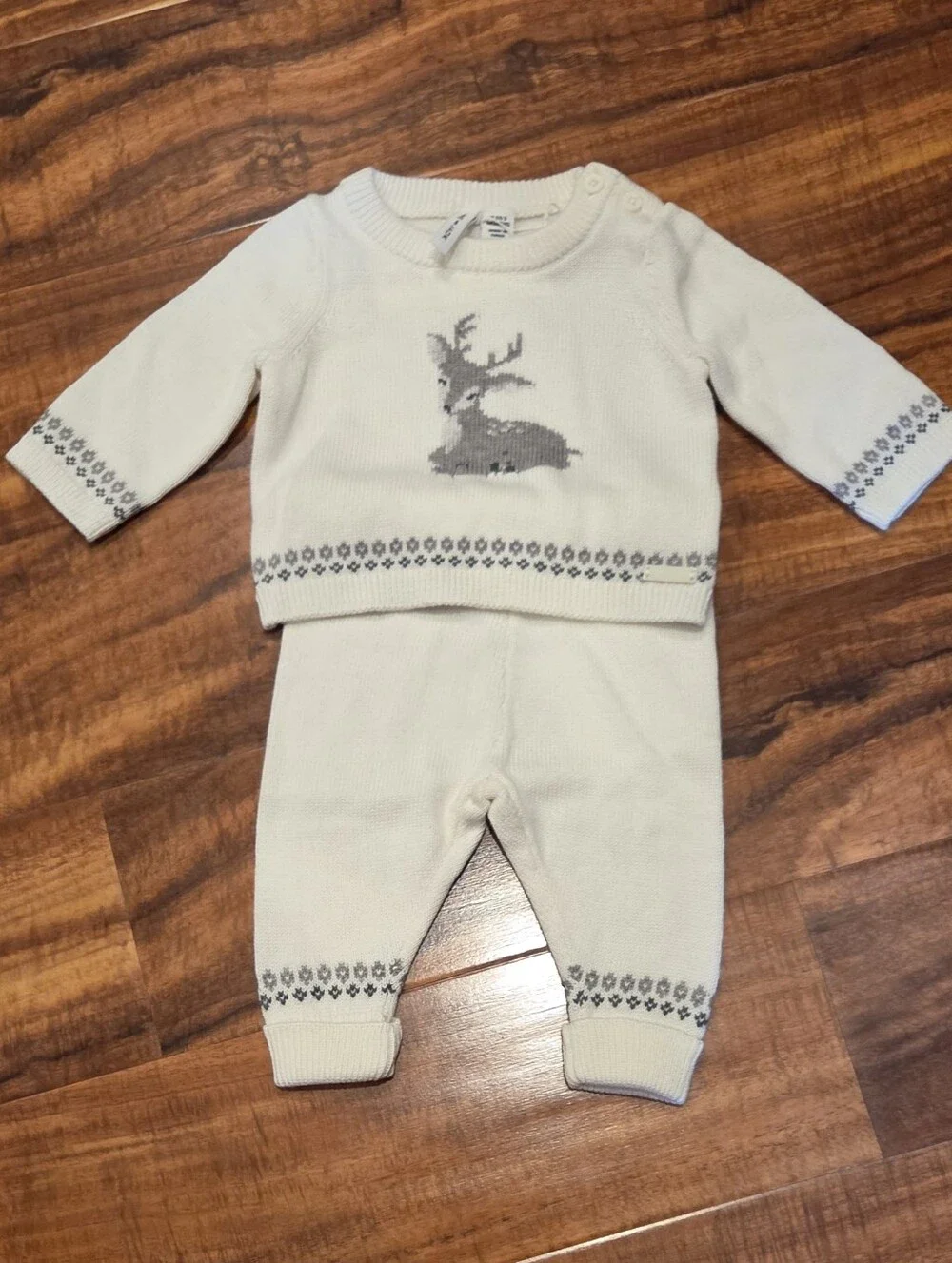Janie and Jack NWT 0-3 months ivory/gray fair isle reindeer sweater & pants set